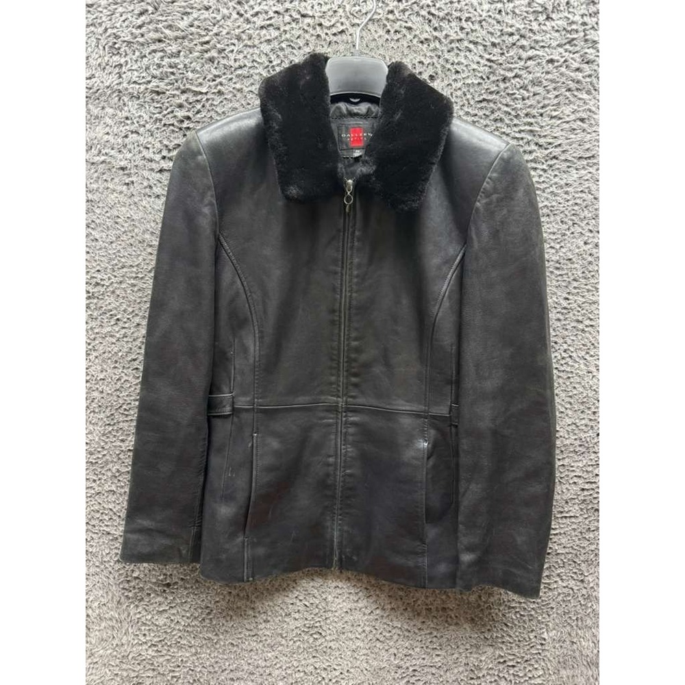 Gallery Petite Fur‎ Collared Full Zip Leather Jacket Black Womens Size PM